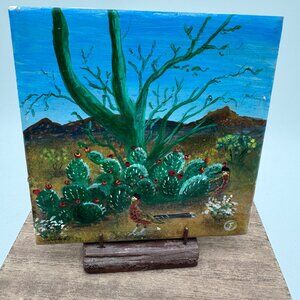 Prickly pear road runner painted tile southwest Arizona scene blue sky small tin
